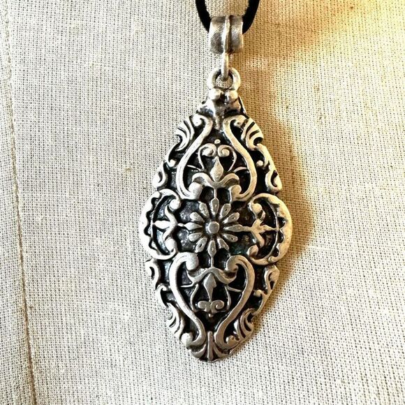Silver tone pendant necklace on black cord - Picture 2 of 6